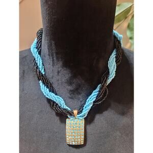Women's Blue And Black Beaded Necklace With Gold Pendant And Lobster Lock